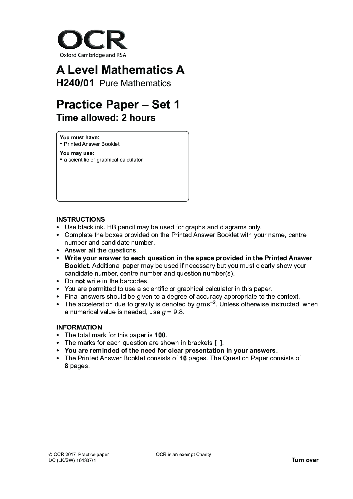 Preview image for OCR A Level Mathematics H240 QUESTION PAPER Practice Paper Set 1
